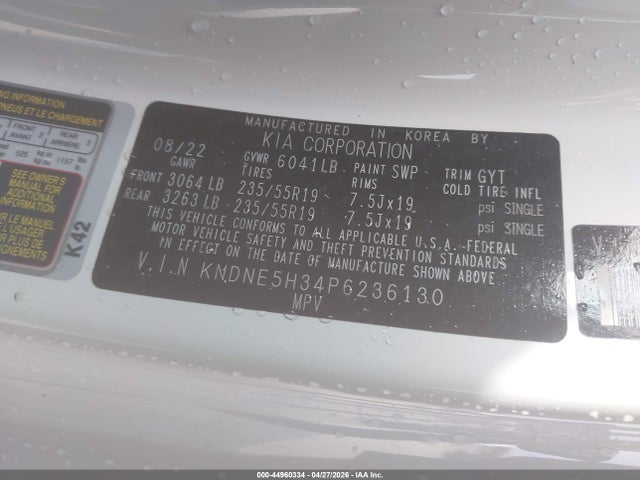2023 Kia Carnival Mpv Sx Prestige მანქანა იყიდება აუქციონზე, vin: KNDNE5H34P6236130, აუქციონის ნომერი: 44960334