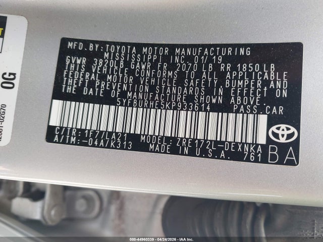 Продаж на аукціоні авто 2019 Toyota Corolla Xle, vin: 5YFBURHE5KP933614, номер лоту: 44960339