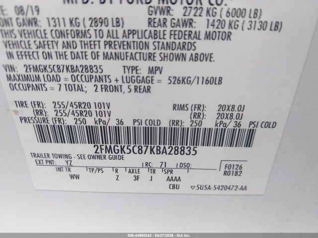 2FMGK5C87KBA28835 Ford FLEX SEL