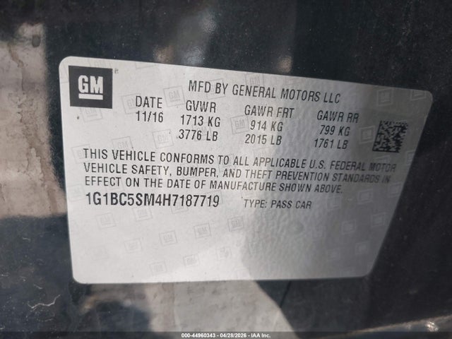 Aukcja sprzedaży 2017 Chevrolet Cruze Ls Auto, vin: 1G1BC5SM4H7187719, numer aukcji: 44960343
