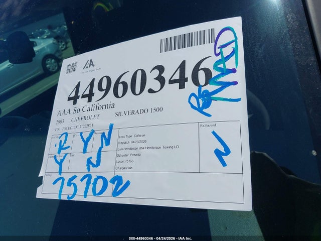 44960346 :رقم المزاد ، 2GCEC19X331222821 vin ، 2003 Chevrolet Silverado 1500 Ls مزاد بيع