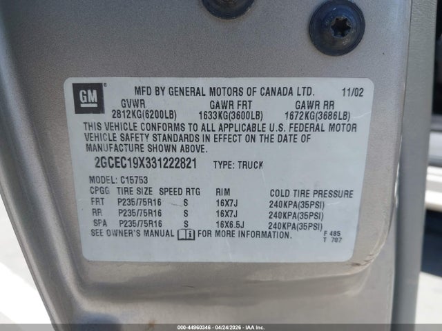 44960346 :رقم المزاد ، 2GCEC19X331222821 vin ، 2003 Chevrolet Silverado 1500 Ls مزاد بيع