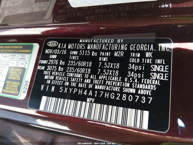 Продажа на аукционе авто 2017 Kia Sorento 2.0t Ex, vin: 5XYPH4A17HG280737, номер лота: 44960363