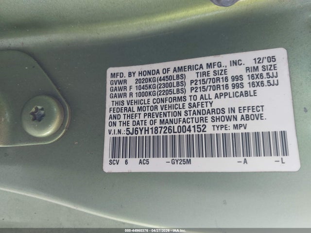 Продаж на аукціоні авто 2006 Honda Element Ex-p, vin: 5J6YH18726L004152, номер лоту: 44960376
