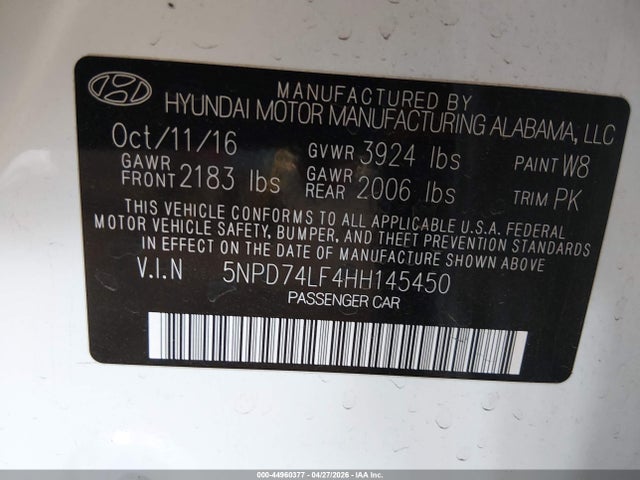 2017 Hyundai Elantra Se მანქანა იყიდება აუქციონზე, vin: 5NPD74LF4HH145450, აუქციონის ნომერი: 44960377