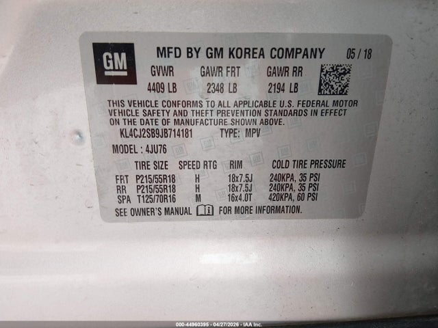 Продаж на аукціоні авто 2018 Buick Encore Sport Touring, vin: KL4CJ2SB9JB714181, номер лоту: 44960395