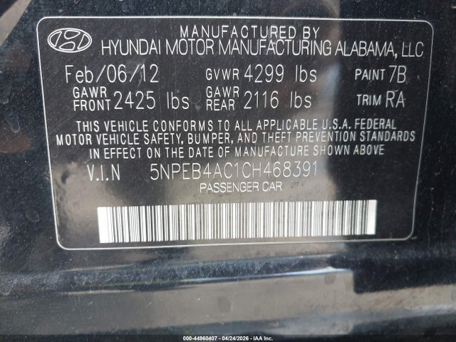 2012 Hyundai Sonata Gls მანქანა იყიდება აუქციონზე, vin: 5NPEB4AC1CH468391, აუქციონის ნომერი: 44960407