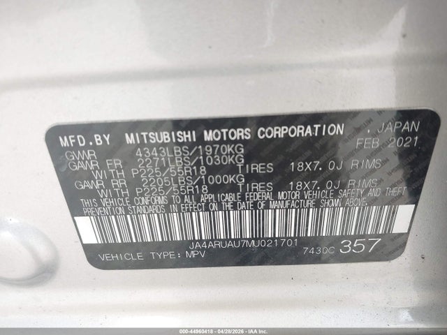 2021 Mitsubishi Outlander Sport 2.0 Be Awc/2.0 Es Awc/2.0 Le Awc/2.0 Se Awc მანქანა იყიდება აუქციონზე, vin: JA4ARUAU7MU021701, აუქციონის ნომერი: 44960418
