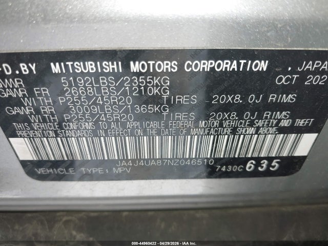 Aukcja sprzedaży 2022 Mitsubishi Outlander Black Edition S-awc/se 2.5 S-awc/se Launch Edition S-awc, vin: JA4J4UA87NZ046510, numer aukcji: 44960422