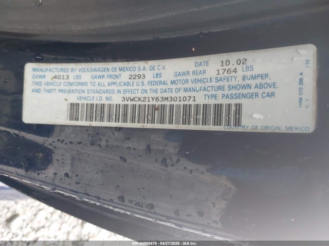 Aukcja sprzedaży 2003 Volkswagen New Beetle Gls, vin: 3VWCK21Y63M301071, numer aukcji: 44960478