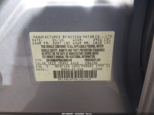 Продажа на аукционе авто 2010 Nissan Sentra 2.0, vin: 3N1AB6AP0AL686142, номер лота: 44960481