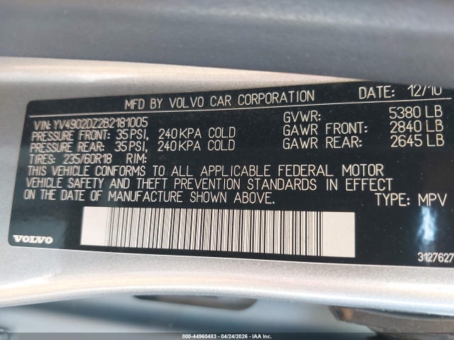 44960483 :رقم المزاد ، YV4902DZ2B2181005 vin ، 2011 Volvo Xc60 T6/t6 R-design مزاد بيع