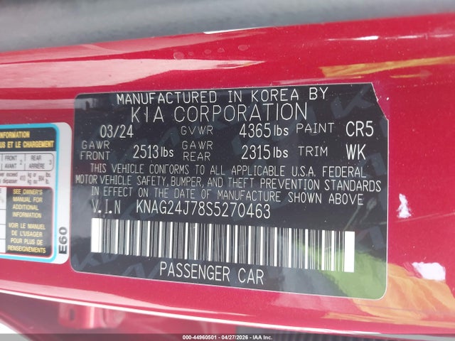 44960501 :رقم المزاد ، KNAG24J78S5270463 vin ، 2025 Kia K5 Lxs مزاد بيع