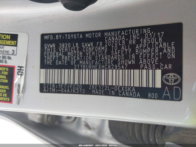 Aukcja sprzedaży 2017 Toyota Corolla Se, vin: 2T1BURHEXHC829547, numer aukcji: 44960507