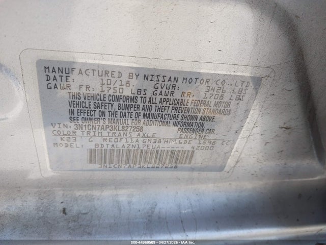 Nissan Versa 1.6 S+ 2019 3N1CN7AP3KL827258 Image 9