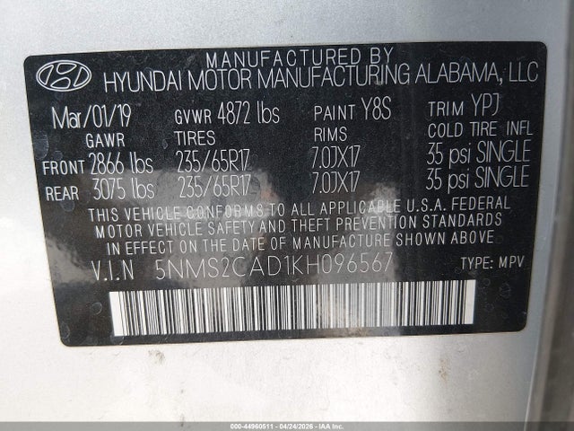 Aukcja sprzedaży 2019 Hyundai Santa Fe Se, vin: 5NMS2CAD1KH096567, numer aukcji: 44960511