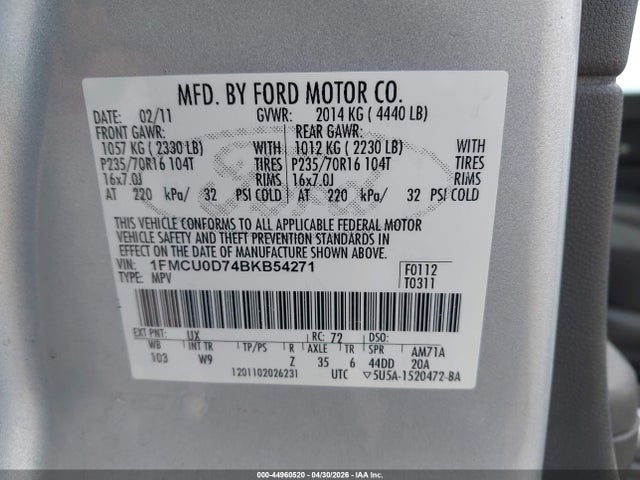 Продажа на аукционе авто 2011 Ford Escape Xlt, vin: 1FMCU0D74BKB54271, номер лота: 44960520