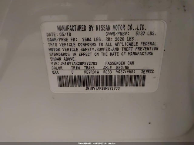 Aukcja sprzedaży 2011 Infiniti M37x, vin: JN1BY1AR2BM372703, numer aukcji: 44960521