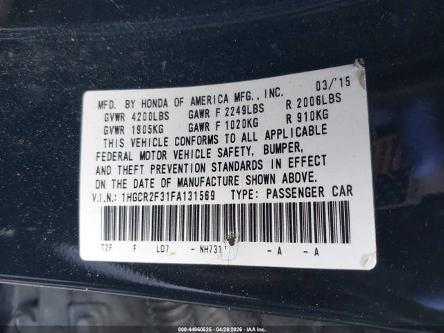 2015 Honda Accord Lx მანქანა იყიდება აუქციონზე, vin: 1HGCR2F31FA131569, აუქციონის ნომერი: 44960525