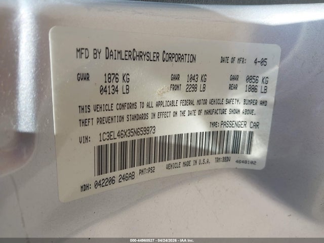 Auction sale of the 2005 Chrysler Sebring, vin: 1C3EL46X35N659973, lot number: 44960527
