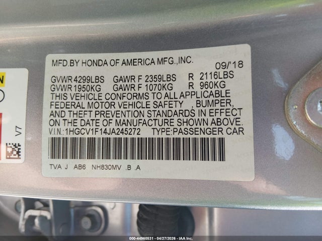 44960531 :رقم المزاد ، 1HGCV1F14JA245272 vin ، 2018 Honda Accord Lx مزاد بيع