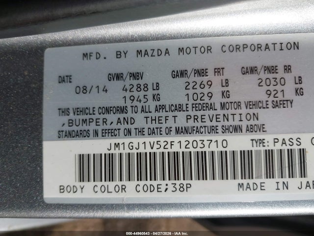 44960543 :رقم المزاد ، JM1GJ1V52F1203710 vin ، 2015 Mazda Mazda6 I Touring مزاد بيع