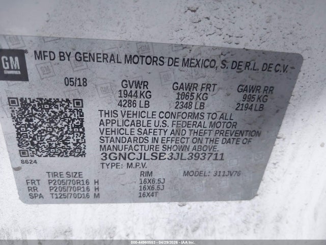 44960553 :رقم المزاد ، 3GNCJLSB3JL393711 vin ، 2018 Chevrolet Trax Lt مزاد بيع