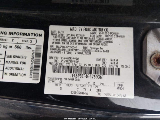 2016 Ford Mustang Gt Premium მანქანა იყიდება აუქციონზე, vin: 1FA6P8CF4G5260361, აუქციონის ნომერი: 44960558