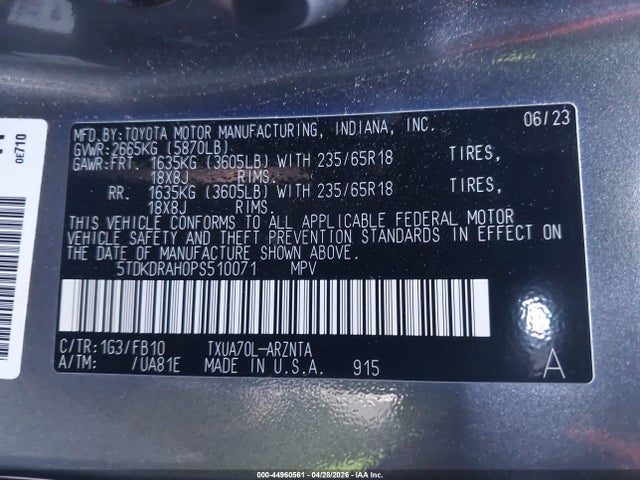 5TDKDRAH0PS510071 Toyota Highlander Le