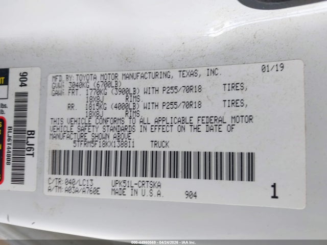 5TFRM5F18KX138811 Toyota Tundra Sr 4.6l V8