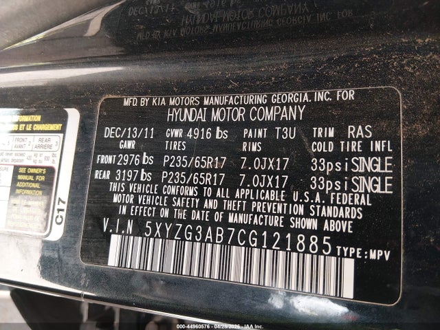 Продаж на аукціоні авто 2012 Hyundai Santa Fe Gls, vin: 5XYZG3AB7CG121885, номер лоту: 44960576