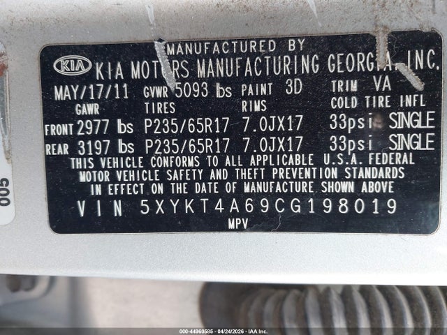 44960585 :رقم المزاد ، 5XYKT4A69CG198019 vin ، 2012 Kia Sorento Lx مزاد بيع