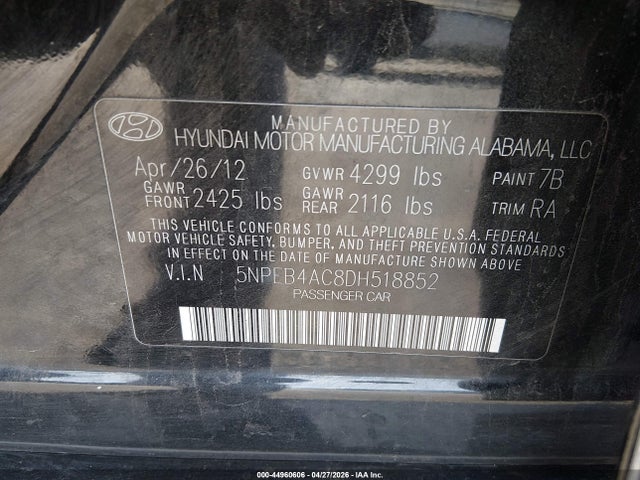 2013 Hyundai Sonata Gls მანქანა იყიდება აუქციონზე, vin: 5NPEB4AC8DH518852, აუქციონის ნომერი: 44960606