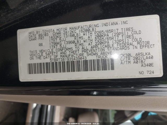 Продаж на аукціоні авто 2003 Toyota Tundra Ltd V8, vin: 5TBRT38193S439043, номер лоту: 44960615