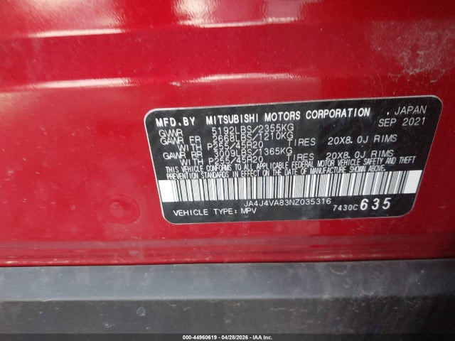 Aukcja sprzedaży 2022 Mitsubishi Outlander Sel 2.5 S-awc/sel Launch Edition S-awc/sel Special Edition S-awc, vin: JA4J4VA83NZ035316, numer aukcji: 44960619