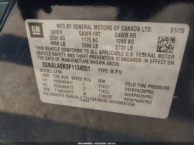 Aukcja sprzedaży 2015 Chevrolet Equinox Ls, vin: 2GNALAEK3F1134551, numer aukcji: 44960630