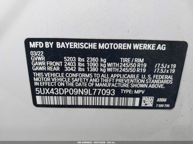 Продажа на аукционе авто 2022 Bmw X3 Sdrive30i, vin: 5UX43DP09N9L77093, номер лота: 44960632