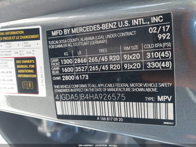 Aukcja sprzedaży 2017 Mercedes-benz Gle 350, vin: 4JGDA5JB4HA926575, numer aukcji: 44960641