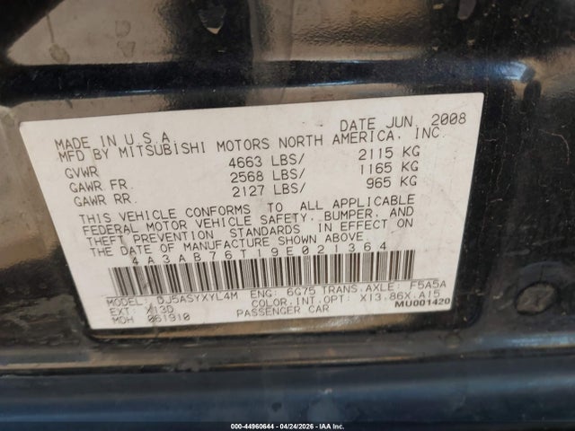 Aukcja sprzedaży 2009 Mitsubishi Galant Ralliart, vin: 4A3AB76T19E021364, numer aukcji: 44960644