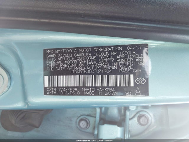Aukcja sprzedaży 2013 Toyota Prius C Three, vin: JTDKDTB30D1041704, numer aukcji: 44960656