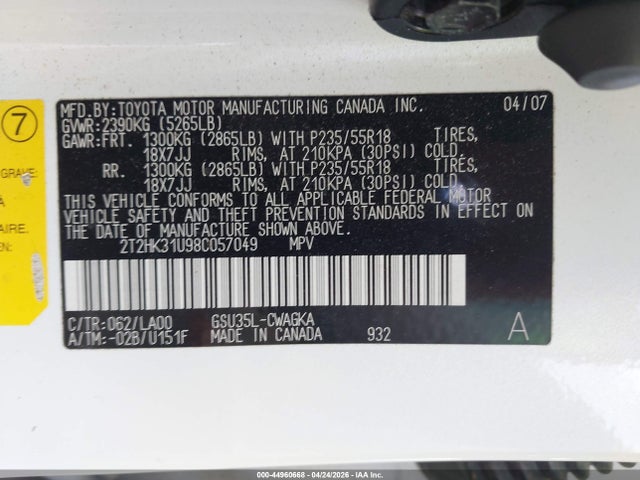 Auction sale of the 2008 Lexus Rx 350, vin: 2T2HK31U98C057049, lot number: 44960668