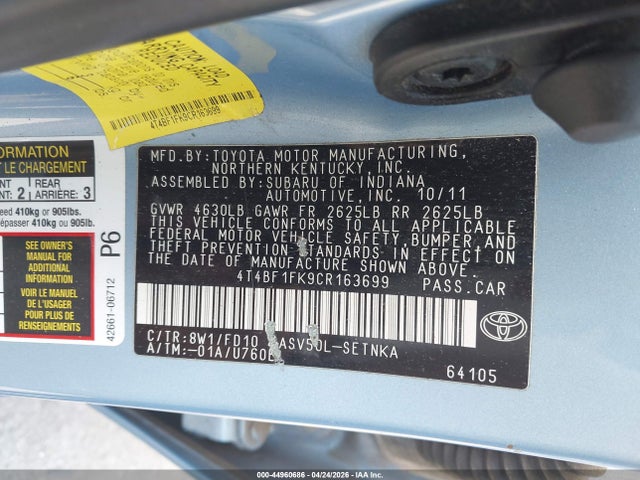 Aukcja sprzedaży 2012 Toyota Camry Le, vin: 4T4BF1FK9CR163699, numer aukcji: 44960686
