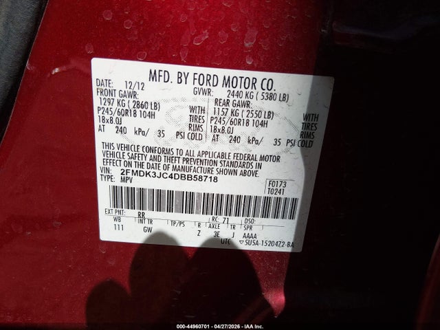Aukcja sprzedaży 2013 Ford Edge Sel, vin: 2FMDK3JC4DBB58718, numer aukcji: 44960701
