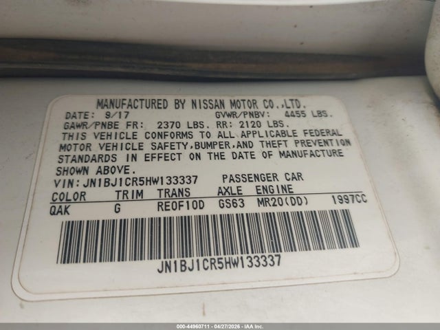 Aukcja sprzedaży 2017 Nissan Rogue Sport S, vin: JN1BJ1CR5HW133337, numer aukcji: 44960711