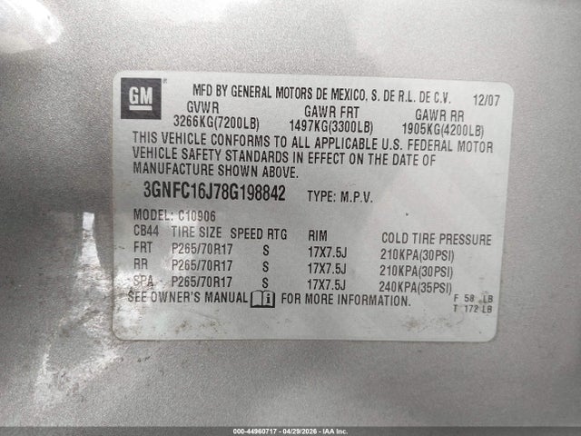 2008 Chevrolet Suburban 1500 Ls მანქანა იყიდება აუქციონზე, vin: 3GNFC16J78G198842, აუქციონის ნომერი: 44960717