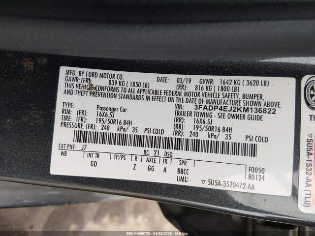 2019 Ford Fiesta Se მანქანა იყიდება აუქციონზე, vin: 3FADP4EJ2KM136822, აუქციონის ნომერი: 44960720