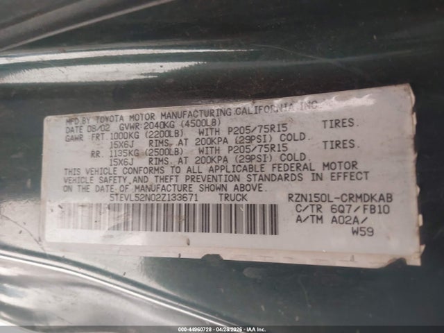 2002 Toyota Tacoma მანქანა იყიდება აუქციონზე, vin: 5TEVL52N02Z133671, აუქციონის ნომერი: 44960728