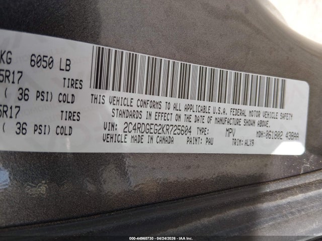 Aukcja sprzedaży 2019 Dodge Grand Caravan Gt, vin: 2C4RDGEG2KR725604, numer aukcji: 44960730