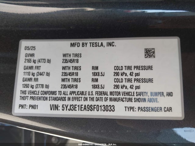 Продажа на аукционе авто 2025 Tesla Model 3 Long Range Rear-wheel Drive/standard Rear-wheel Drive, vin: 5YJ3E1EA9SF013033, номер лота: 44960741