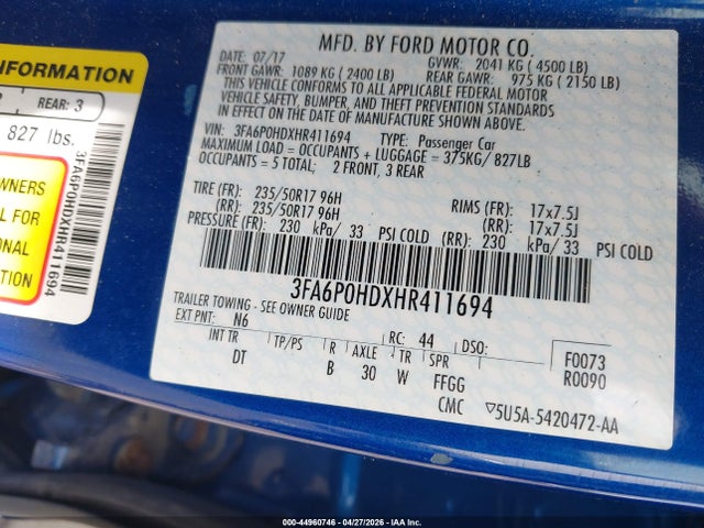44960746 :رقم المزاد ، 3FA6P0HDXHR411694 vin ، 2017 Ford Fusion Se مزاد بيع